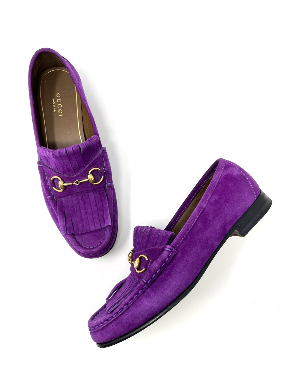 Gucci Womens Purple Suede Leather Fringe Gold Horsebit Chunky Loafers Shoes 37 7